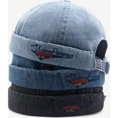 SummerMen Women Skullcap Sailor Cowboy Cap Letter Embroidery Rolled Cuff Bucket Cap Brimless Hat Solid Color Adjustabl Hats