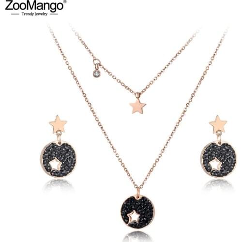 ZooMango Trendy CZ Crystal Star Choker Necklaces Earrings Jewelry Sets For Girls Pave Setting Rhinestone Stainless Steel ZSE012