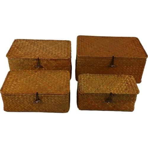 Seagrass Storage Baskets with Lids, Woven Rectangular Basket Bins, Wicker Storage Organizer for Shelf, Set of 4