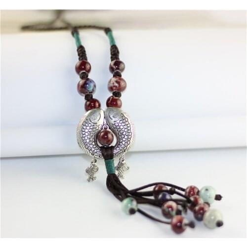 Fashion Ceramics Beads Pendant Ethnic Double fish Long Necklace Chain Blue/Red Jewelry Style DIY