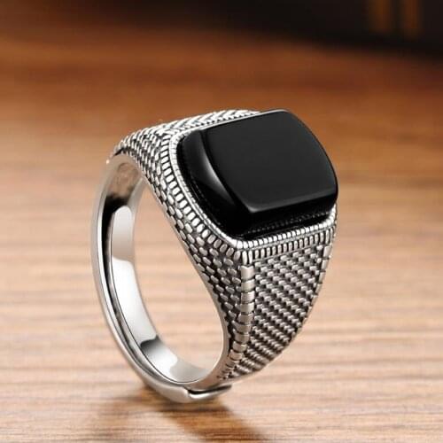 925 Sterling Silver Carved Handmade Black Agate Ring Size Adjustable Trendy Personality Men Wide Face Black Ring Accessories