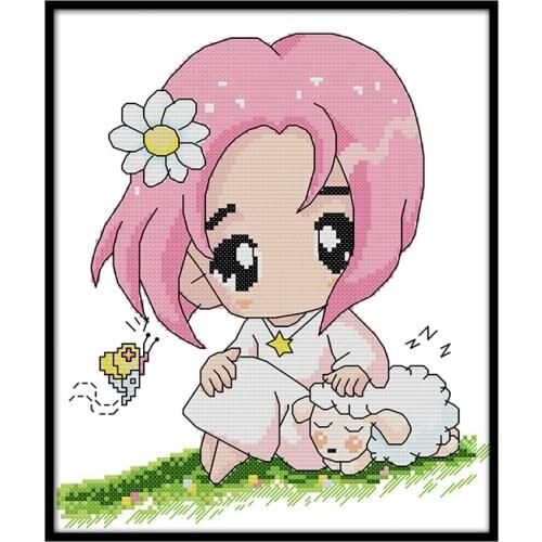 Joy Sunday pink hair little girl pattern Cross Stitch Kit decoration for home chinese embroidery cartoon crossing Needlework Set