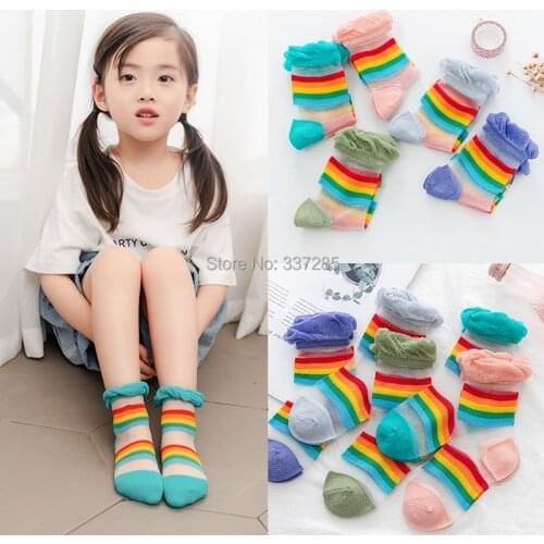New girls summer socks ainbow colorful stripe infant toddler socks breathable thin princess sheer baby kids transparent socks