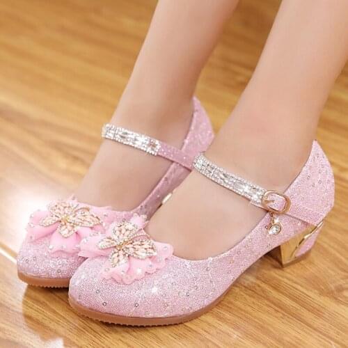 New High-end Cute Kids Girls Party High Heels Children Princess Dance Shoes Leather Sequins Diamond Shoes