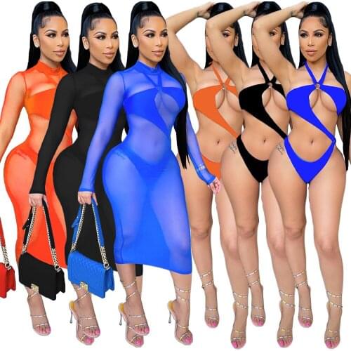 New Summer Beach Mesh See Though Midi Dress with Bodysuit for Women Swimsuit Sexy Bikinis Set Matching Two 2 Piece Set