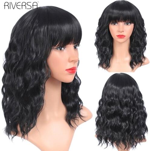 Synthetic Wigs Hair Perruque Lolita Fiber Wigs for Women Short Bob Wig With Bangs Black Color Shoulder Length Wavy Hair Riversa