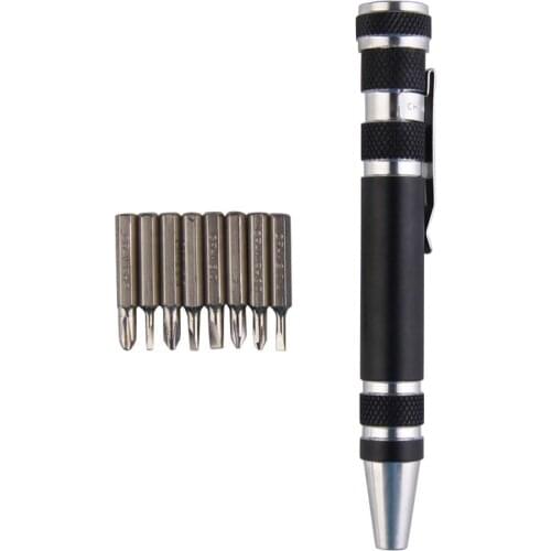 Portable 8 in 1 Aluminum Pen Style Screw Driver Multi-Tool Precision Mobile phone Repair Tool Kit Screwdriver Set Bits Black