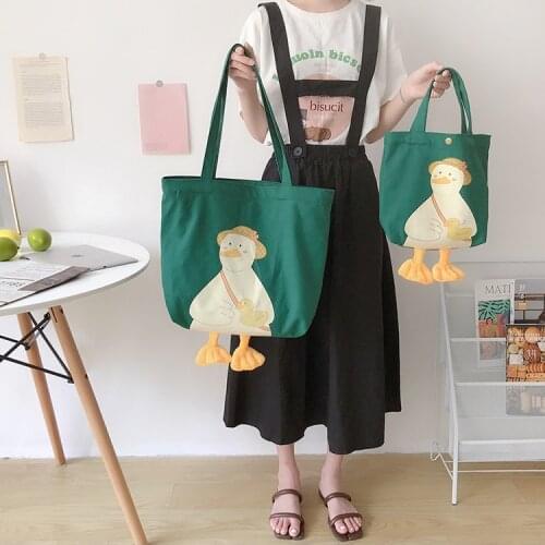 New Large Women Shoulder Shopper Bag Cute Duck Cartoon Print Casual Kawaii Canvas Tote Shopping Bag Cotton Cloth Eco Handbags
