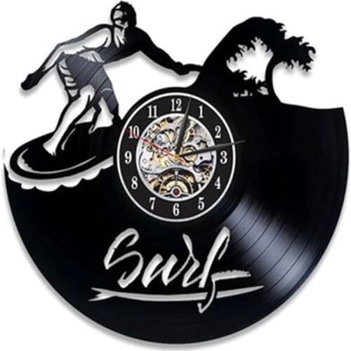 Surfing Vintage Vinyl Record Wall Clock Surf Up Summer Beach Time Silhouette 3D Stickers Hanging Clocks Wall Watch Home Decor