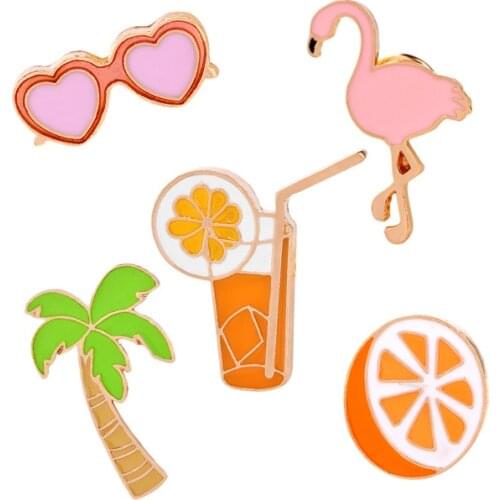 XEDZ JEWELRY Coconut Orange Juice Heart Sunglasses Pink Flamingo Brooch Lapel Pin For Shirt Collar Jackets Packet Bag Jewelry