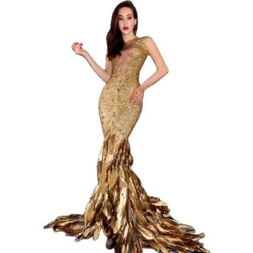 Female Model Catwalk Show Gold Feather Sparkly Rhinestone Dress Birthday Party Celebrity Costumes Festival Rave Outfits DWY5145