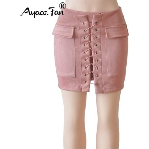 2019 Womens Vintage High Waist External Pocket Tight Suede Lace Up Skirt Autumn Winter Thick Pencil Skirt Preppy Mini Skirt