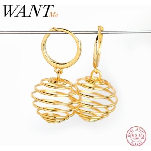 WANTME Punk Genuine 100% 925 Sterling Silver Spring Spherical Pendant Stud Earrings for Women Hip Hop Fine Jewelry Accessories