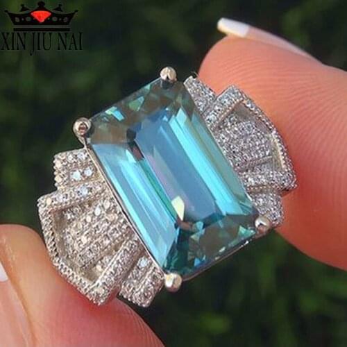 Boho Female Ocean Blue Zircon Stone Ring Cute Luxury 925 Silver Love Wedding Jewelry Promise Engagement Rings For Women