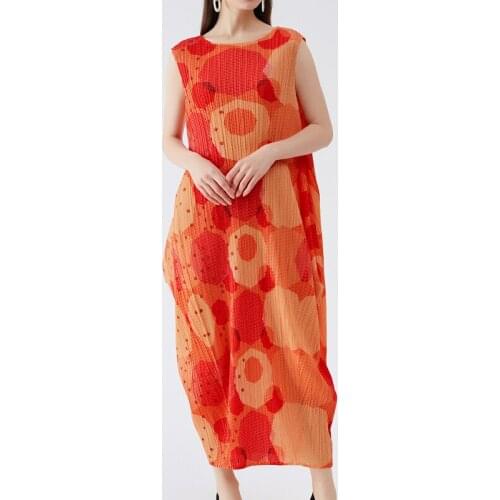 Miyake Pleated Women Dress 2021 Summer Dress Beach Style Sun flower Printed Lantern Long dress aesthetic clothes