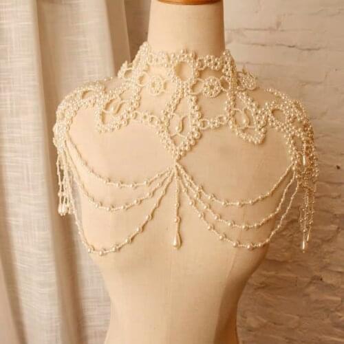 Vintage Bride with Pearl Large Neckle Womens Wedding Dress with Tfringed Shoulder Chain Handmade Beaded Banquet Shawl Jewelry