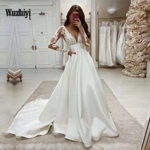 WUZHIYI Deep V Neck Long Sleeves Satin A Line Boho Wedding Dresses For Women Bride Ivory Illusion Bridal Gowns Robe De Marriage