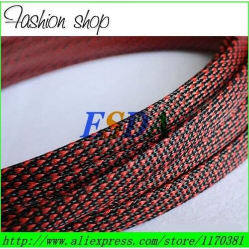 10M/Lot 10mm Black & Red High density Flexible PET Expandable Braided sleeve wire harness sleeving