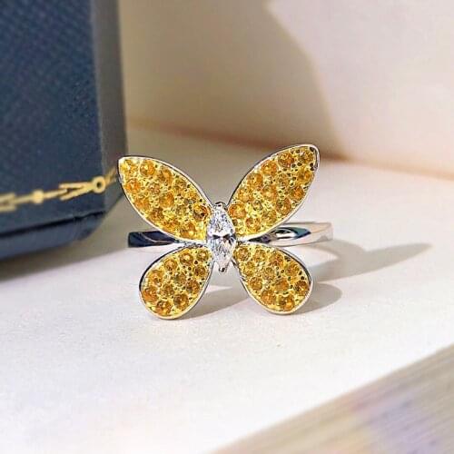 100% 925 Sterling Silver Citrine Created Moissanite Butterfly Finger Ring for Women Party Cocktail Wedding Fine Jewelry