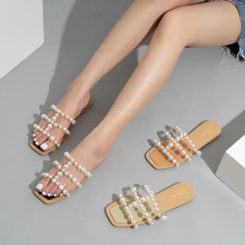 2021 pearl transparent womens sandals beach casual flat-bottom slippers for women