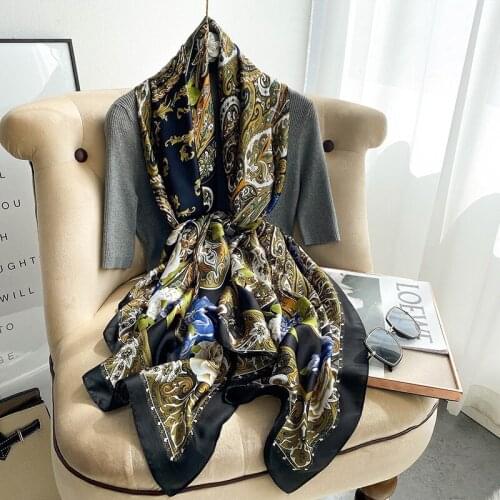 2021 Women Silk Winter Scarf Luxury Design Print Lady Beach Shawl Scarves Fashion Smooth Foulard Female Hijab