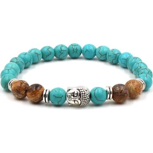 8mm adjusted Charm Buddha head nature stone bead copper turquoise Frosted agate Onyx Bracelet tjh424 Reiki Chakra Buddha Yoga