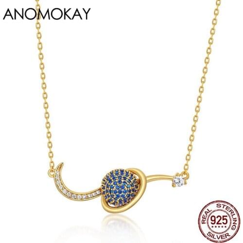 Anomokay New Creative Dark Blue Mysterious Rotate Star Ball Gold Color Necklace for Women Gift Real 925 Sterling Silver Necklace