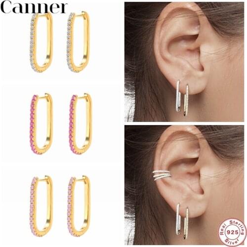 CANNER New U-shape 8 Colors Zircon Earring Real 925 Sterling Silver Crystal CZ Hoop Earrings for Women Fashion Earrings Jewelry