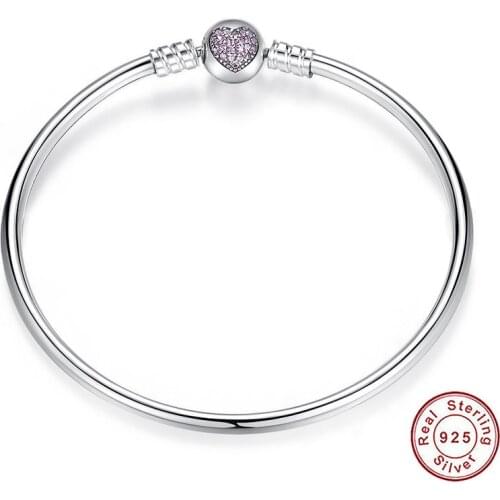 New Love Heart Pink Crystal Round Snap Clasp 100% Sterling Original Charms Pandora Bracelet Bangle for Women Girls Jewelry Gift