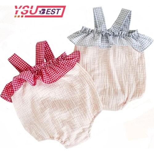 0-3Yrs Baby Twin Romper Baby Girl Outfit Grid Summer Baby Kids Clothes Ruffled Strap Pure Cotton Toddler Girls Clothing Infant