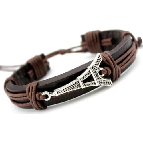 Eiffel Tower Bow Arrow Star Crown Handcuffs Dog Paw Fish Turtle Skull Dragon Charm Leather Bracelets Women Men Unisex Jewelry