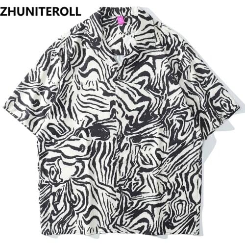 Harajuku Hawaiian Beach Shirts Zebra Striped Print Hip Hop Button Shirt Mens Fashion Short Sleeve Holiday Party Blouse 2021 Tops