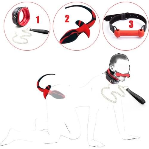 SM Game Pup Sex Neck Collar With Leash,Silicone Dog Bone Bite Gag,Puppy Play Dog Tail Plug,Pet Role Play Slave Bdsm Bondage Sets