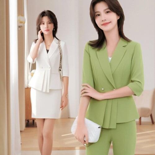 IZICFLY Summer New Style Green Yellow Business Half Uniform Blazer Set Women Slim Office Work Wear Pant Suits 2 Piece-Thin