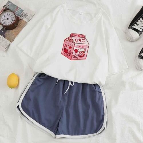 Strawberry Milk Box Pajama Set Women Sleepwear Women Pajama Suits Round Neck T Shirts and Shorts 2 Piece Set Women Summer