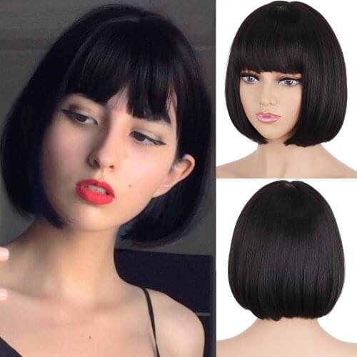 Linghang Short Straight Bob Synthetic Wigs with Bangs for Black Women Heat Resistant Wig for Cosplay Party Daily Hair