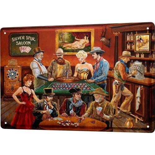 Metal Wall Sign Kitchen Garage Nostalgic Western Style Salon Roulette Poker Wall Decoration Retro Metal Sign 8X12 Inch