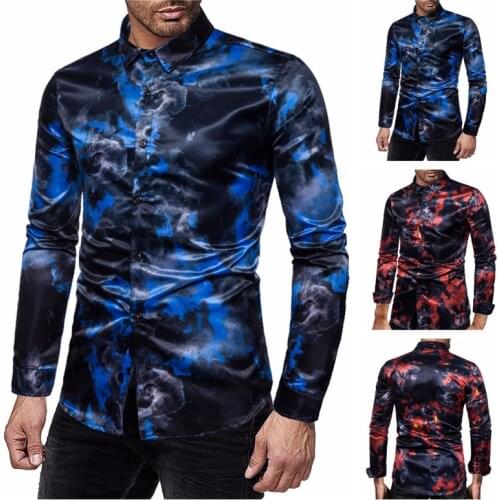 Mens brand new fashion personality casual business flame print nightclub long-sleeve slim shirt mens shirts casual slim fit