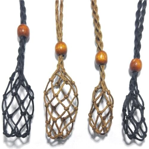 Necklace Cord Empty Stone Holder Natural Quartz Crystal Raw Stone Chakra Point Healing Fish Netted Indians Amulets Pendant 1pc