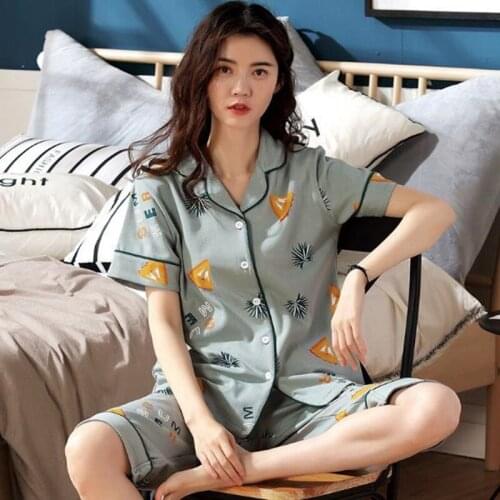 High quality full cotton women pajamas set short sleeve cropped pant two piece pyjamas suit new large size print ladies pijama