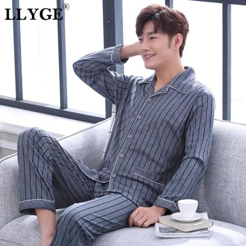 Striped Cotton Mens Long Sleeve Pyjamas Set Spring Turn Down Blue Male Nightwear Pants Pajama Sets 2021 Korean Sleepwear Suits