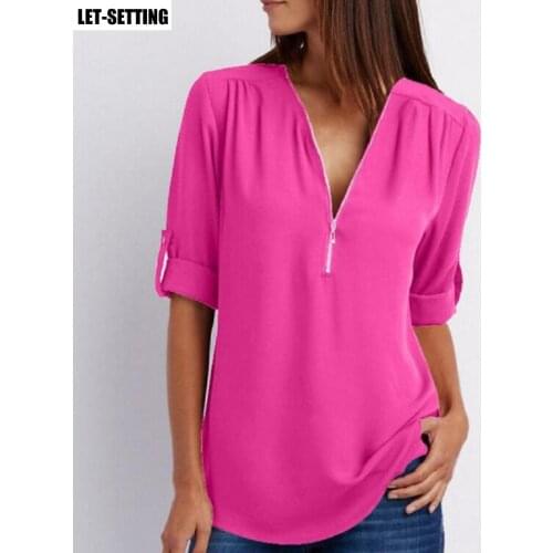 New fashion women summer v-neck zipper large size long-sleeved sleeves loose chiffon shirt S-5XL,multi colors