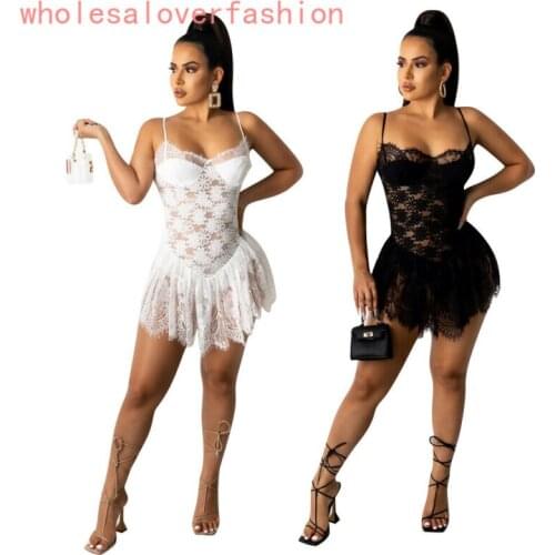 SexyWomen Lace Patchwork Casual Spaghetti Strap Short Draped Mini Dress Clubwear