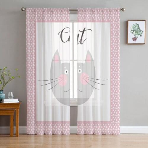 Cat Animal Cartoon Border Gray Sheer Curtain for Living Room Bedroom Kitchen Modern Tulle Window Treatment Home Decor