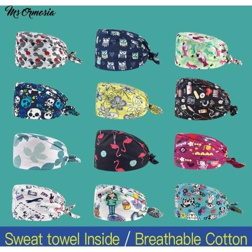 Fashionable Pure Cotton Breathable Cartoon Printed Hat Adjustable Scrub Hat Beauty Salon Work Cap Lab Pet Shop Scrub Hat custom