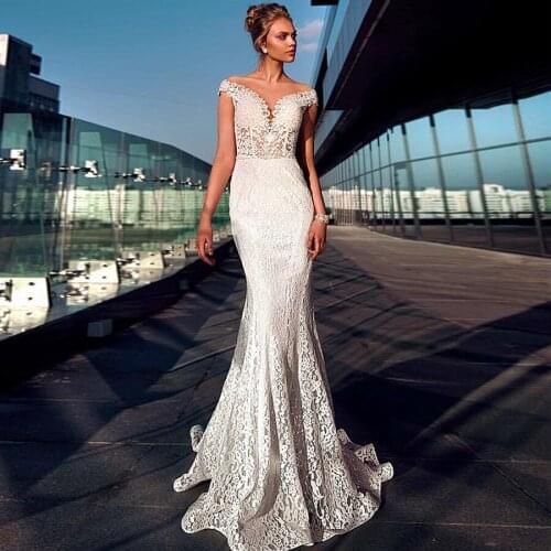 Modern Lace Jewel Neckline Mermaid Wedding Dresses See Through Bodice Illusion Back Bridal Dress robe de mariee sirene