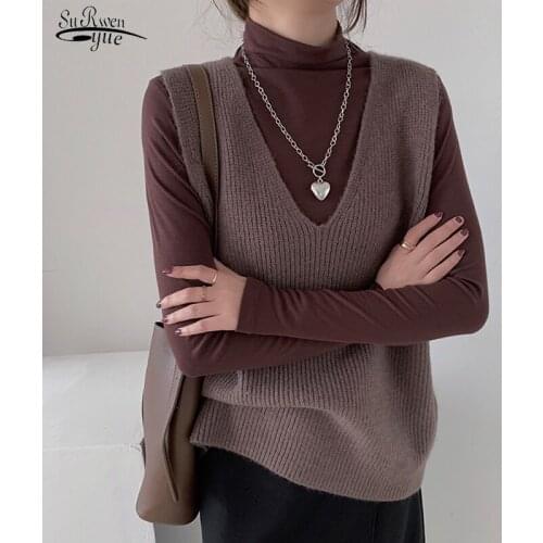 Korean Sleeveless Solid V-Neck Pullover Sweater Autumn New Loose Knitted Sweater Vest Women Black Vests Winter Sweaters 15991