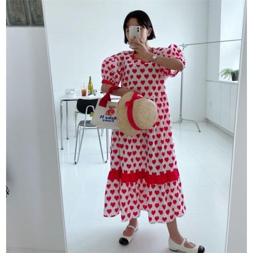 Loving Square Neck Puff Sleeve Loose Ruffle Dress