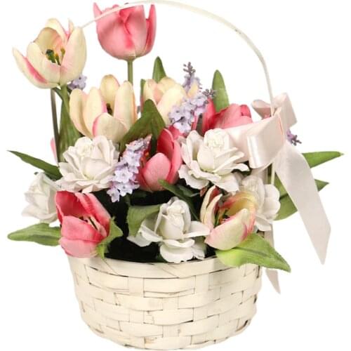 Tulip Ornament Bonsai Small Bouquets Faux Flowers Bamboo Basket Realistic Valentines Day Present Decoration Potted Tulips