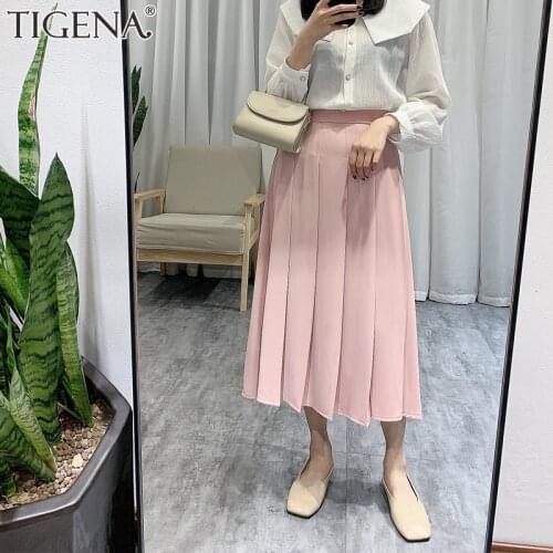 TIGENA Elegant Midi Long Pleated Skirt Women 2021 Spring Summer Solid A Line High Waist Office Lady Work Skirt Female Pink Black